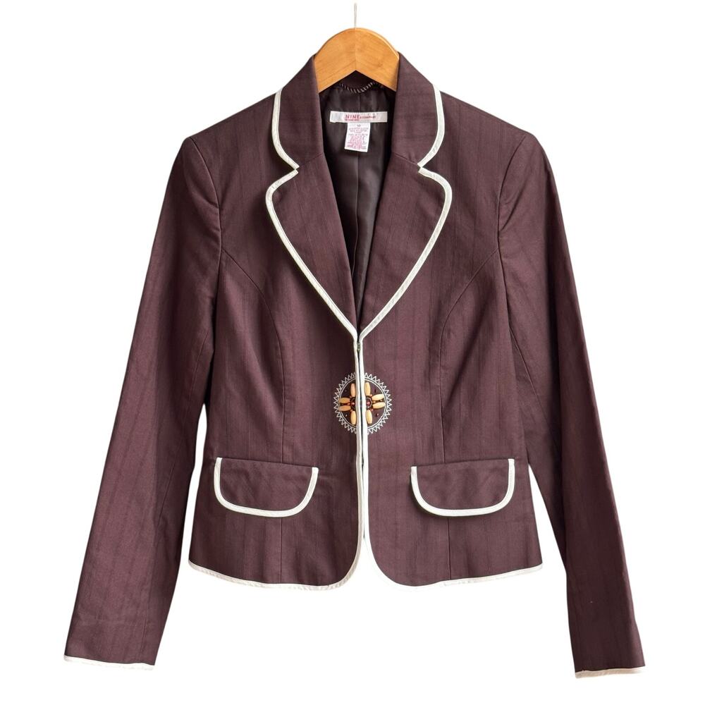 Vintage Nine & Co 100% Cotton Beaded Blazer 10 Brown 90s Cutaway Jacket
